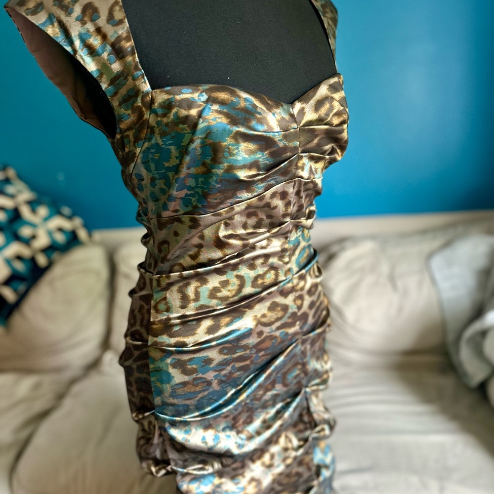 Nicole Miller Brown Tan Ruched Bodycon Mini Dress